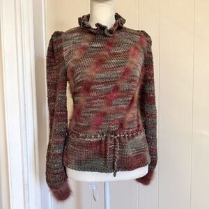 Vintage Handmade Multicolor Sweater with Ruffle High Neck | Angora | Small
